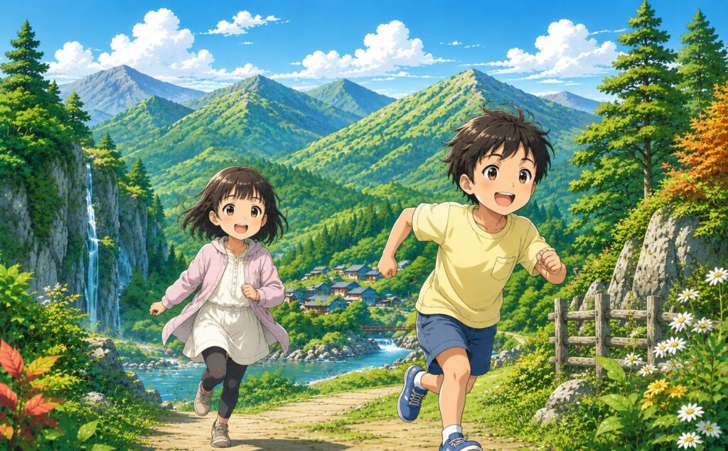 夏の山道を駆ける子供たち