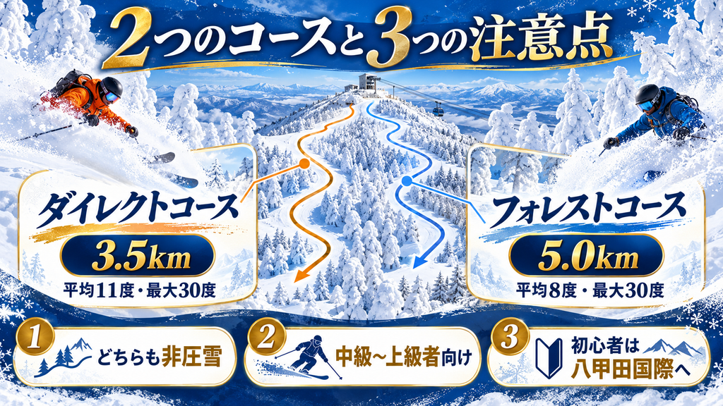 八甲田のダイレクトコースとフォレストコースは、どちらも非圧雪の中上級者向けコース