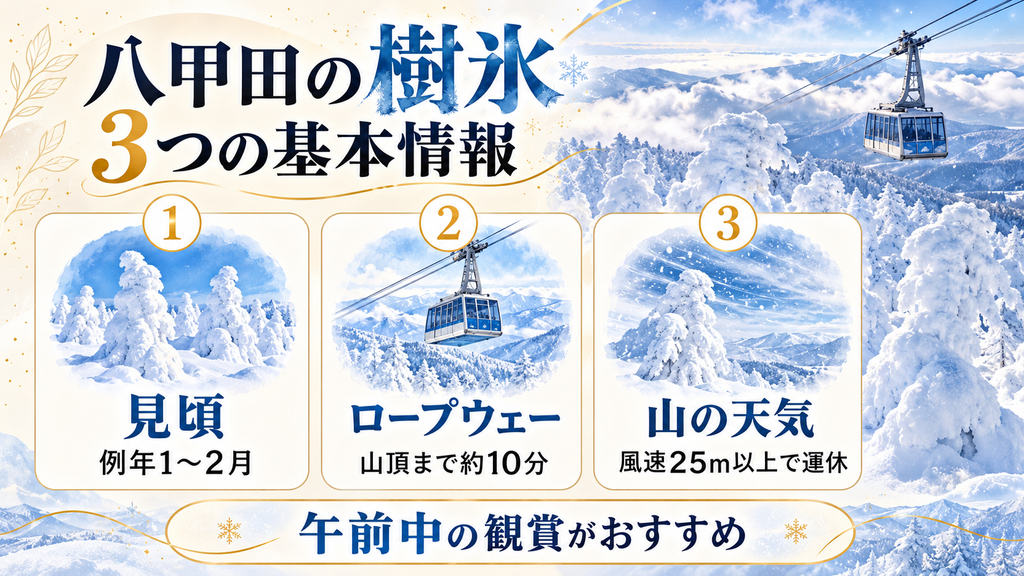 八甲田の樹氷は例年1月から2月が見頃で、ロープウェーは山頂まで約10分、強風時は運休する