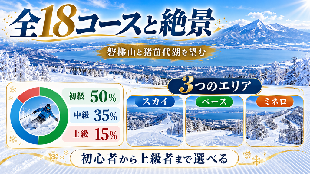 猪苗代スキー場は全18コースで、初級50パーセント、中級35パーセント、上級15パーセント