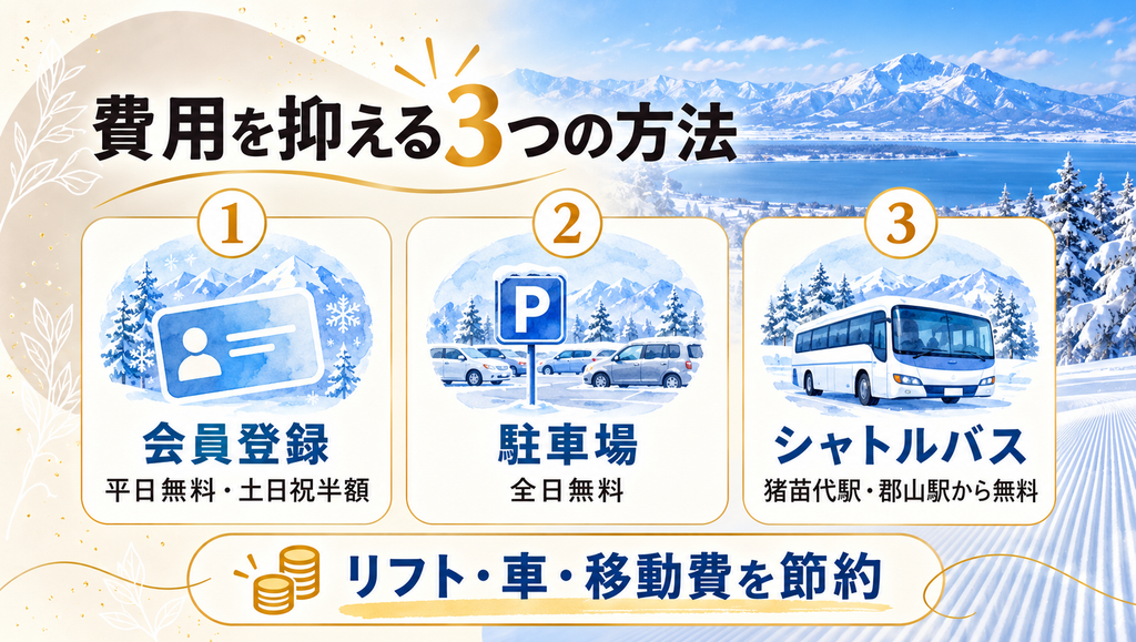 猪苗代スキー場で費用を抑える方法は、会員登録、無料駐車場、無料シャトルバスの3つ