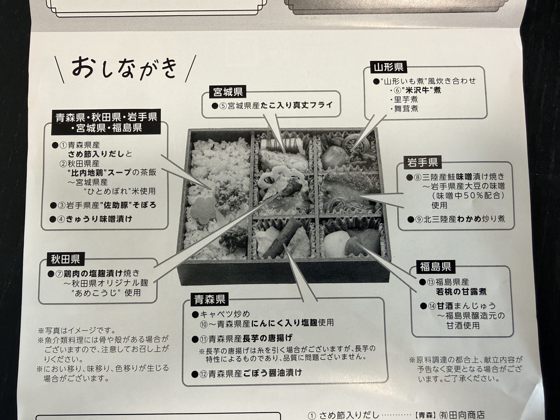 東北福興弁当のお品書き。6県の食材説明が一目で分かる