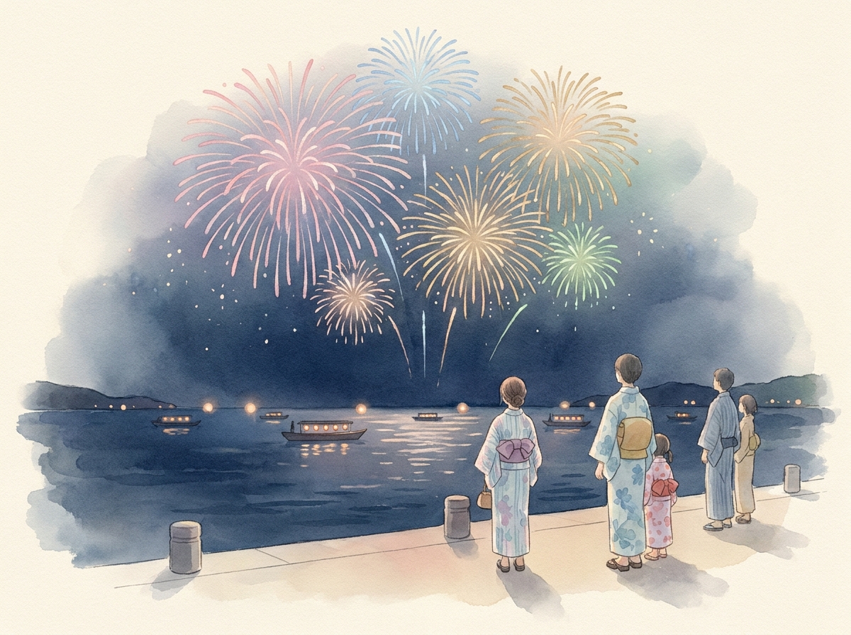 海に打ち上がる花火を眺める人々のイラスト