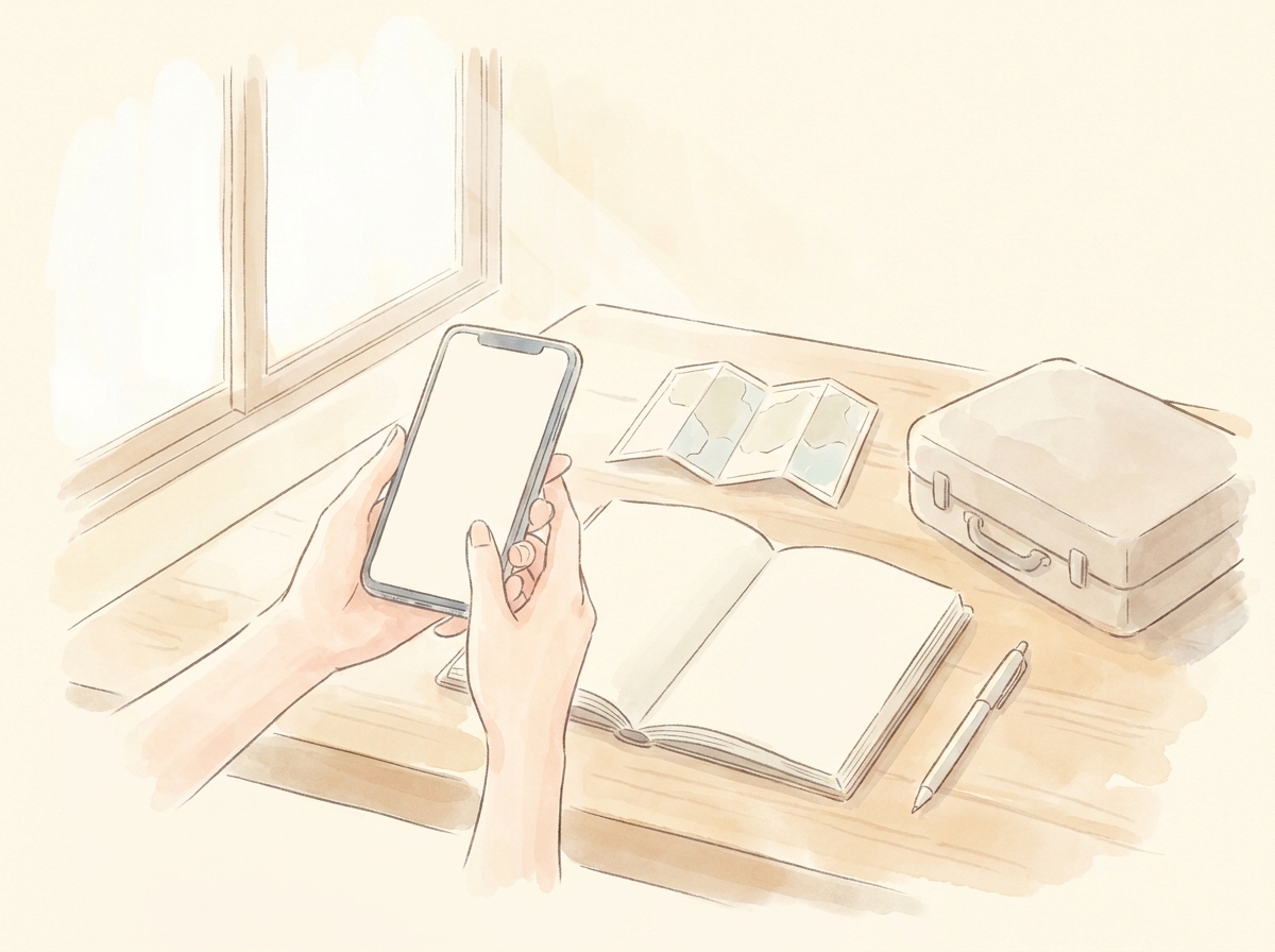 スマホで宿の空室を検索する手元のイラスト