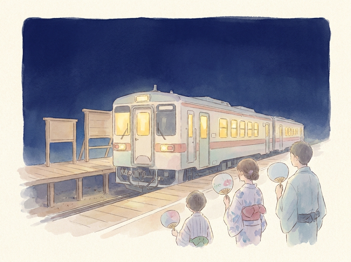 夏祭りの夜に駅で列車を待つ人々のイラスト