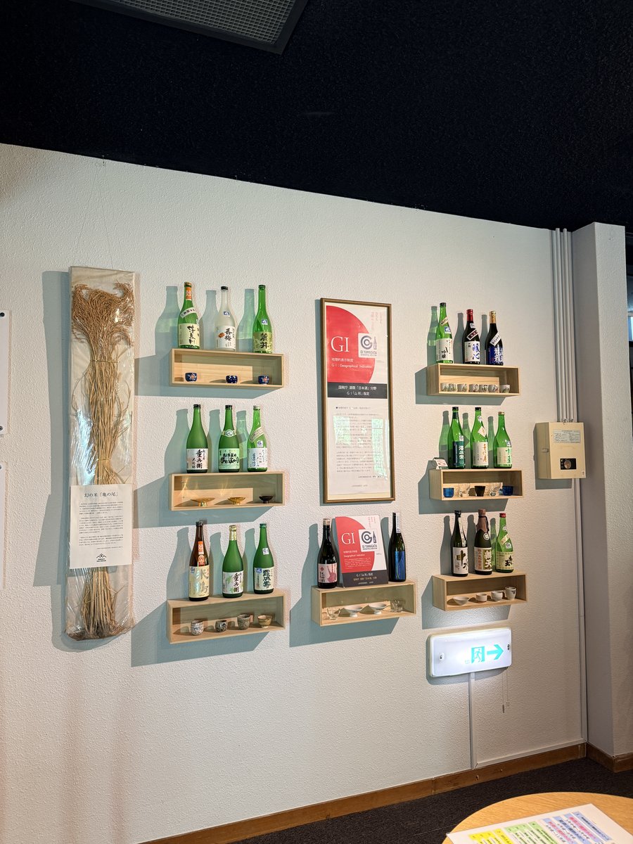 山形酒のミュージアムの館内展示（GI山形の酒瓶ディスプレイ）