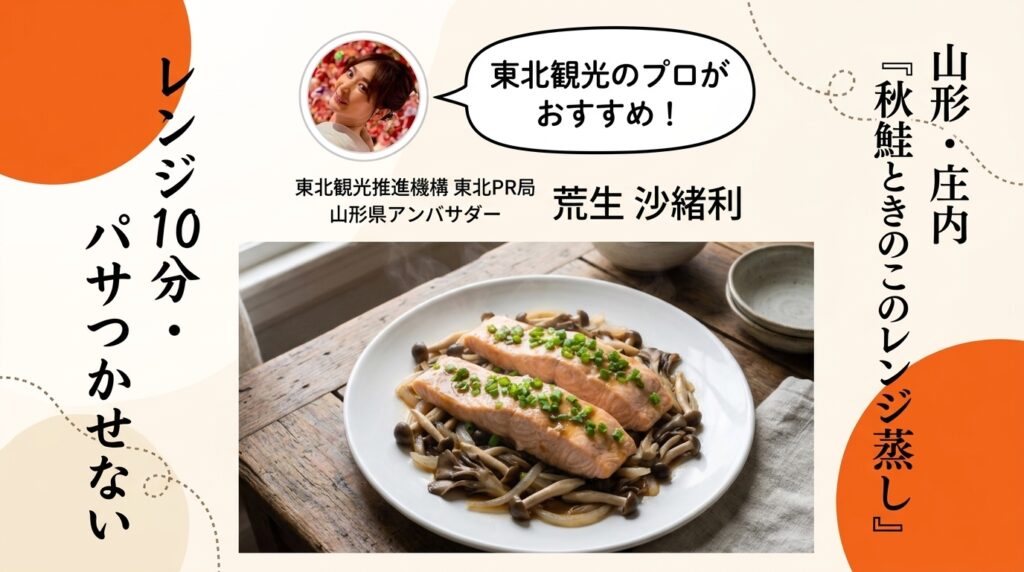白い皿に盛った秋鮭ときのこのレンジ蒸し
