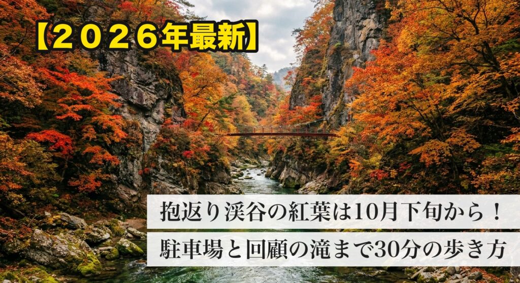 紅葉に包まれた抱返り渓谷と赤い吊り橋(イメージ)