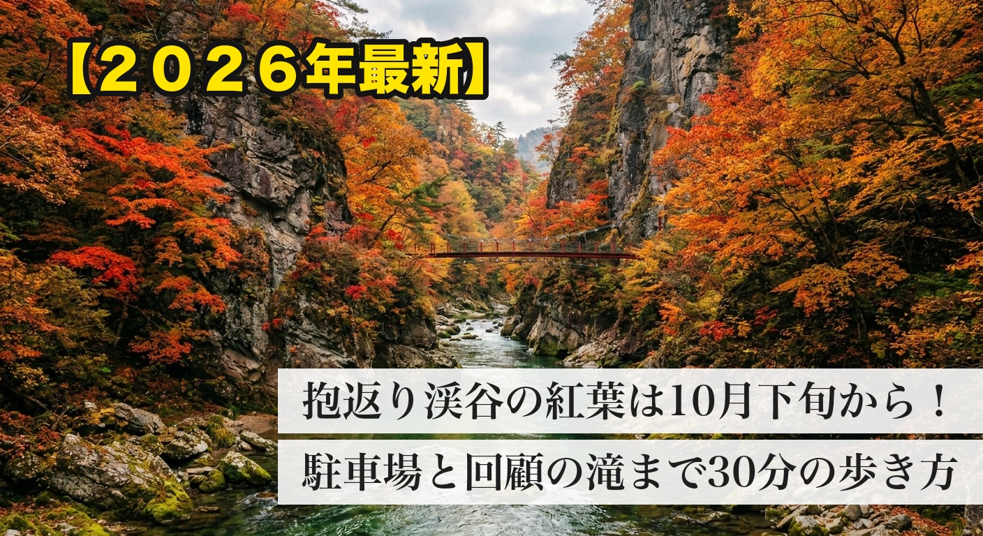 紅葉に包まれた抱返り渓谷と赤い吊り橋(イメージ)