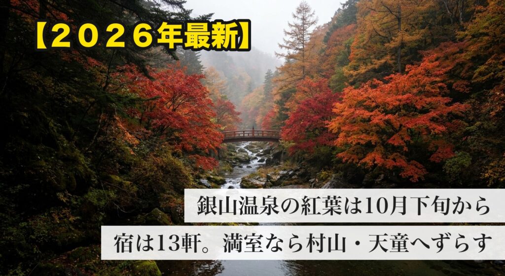 紅葉に包まれた渓谷と赤い橋 銀山温泉の紅葉2026のイメージ