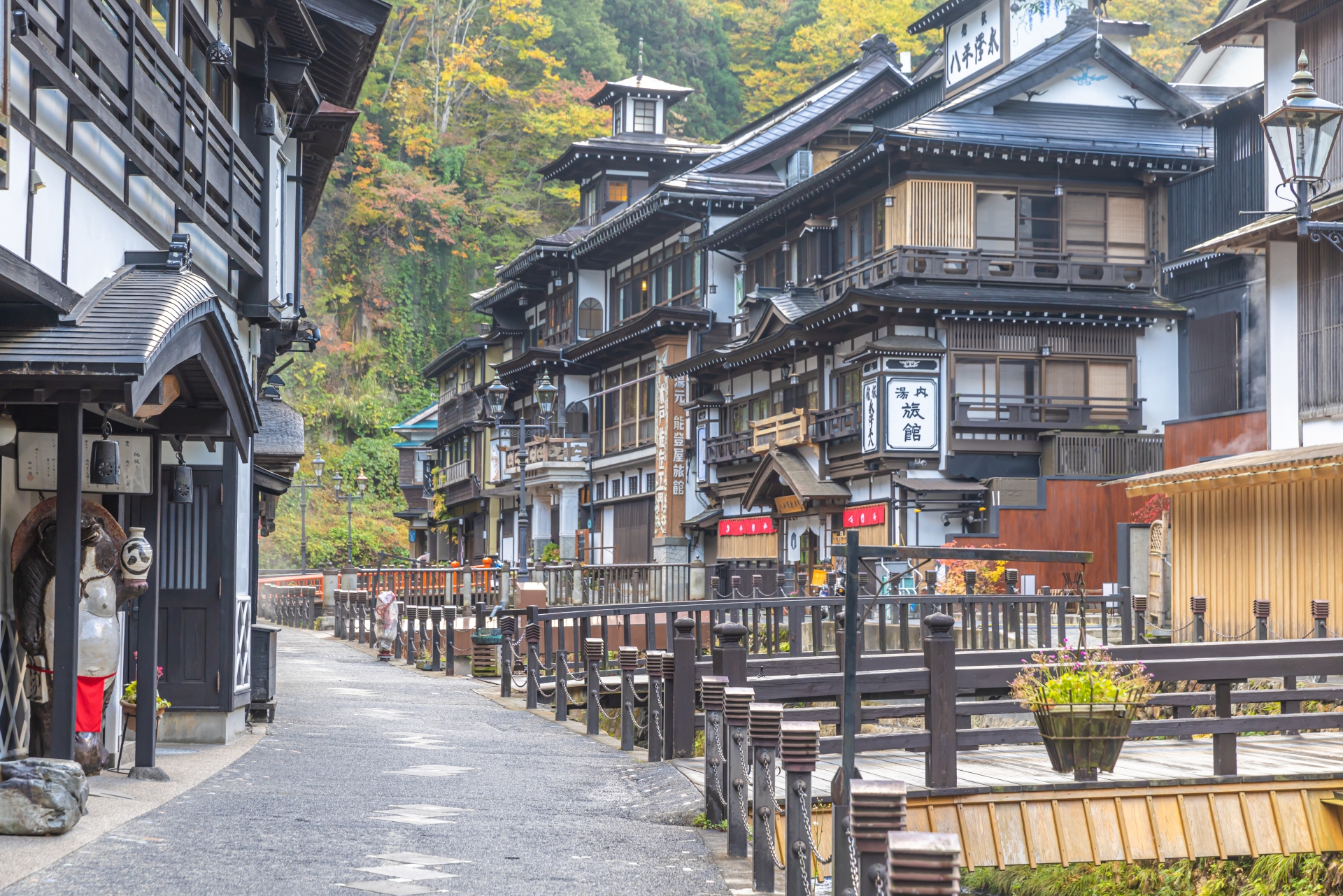 銀山温泉の川沿いの通りと木造旅館の並び