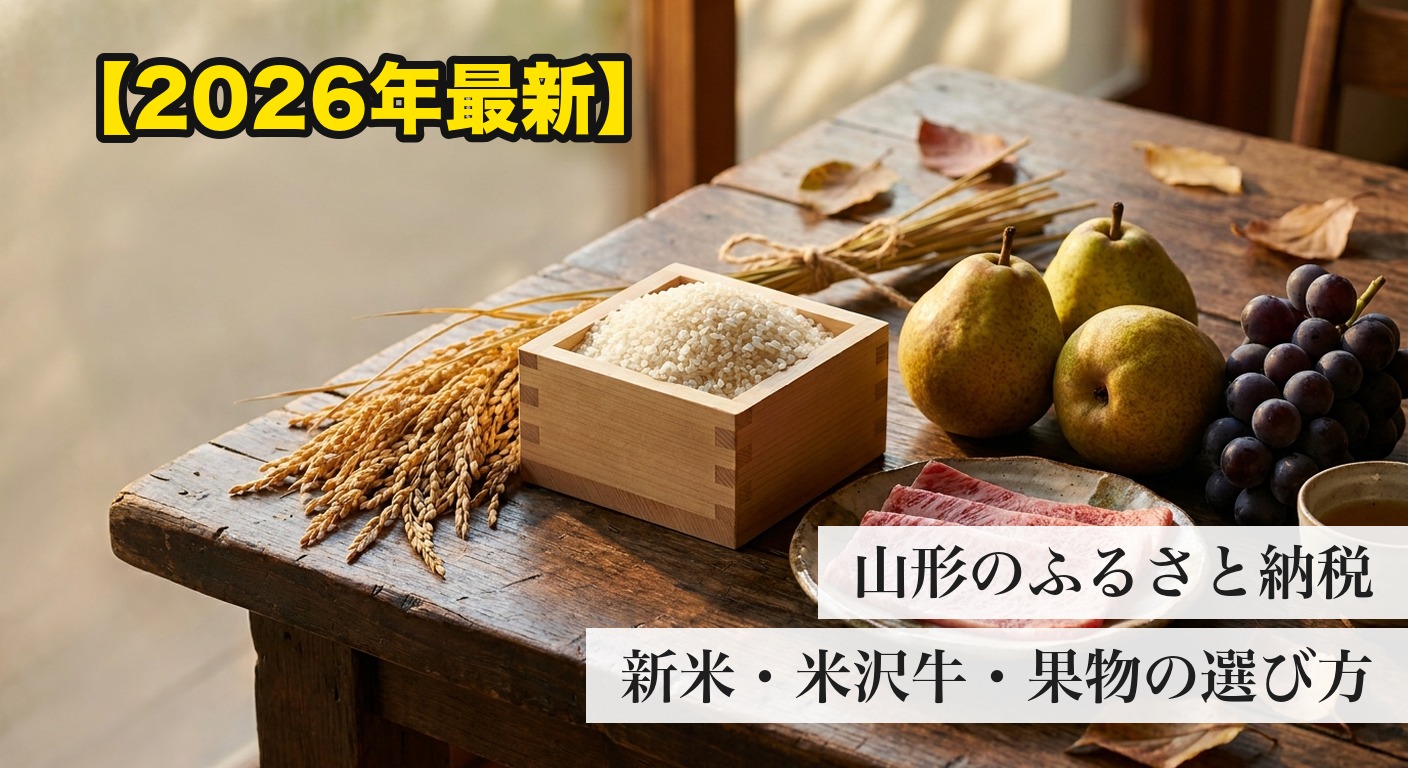 山形のふるさと納税の返礼品イメージ。枡に入った新米と稲穂、洋梨とぶどう、和牛の霜降り肉