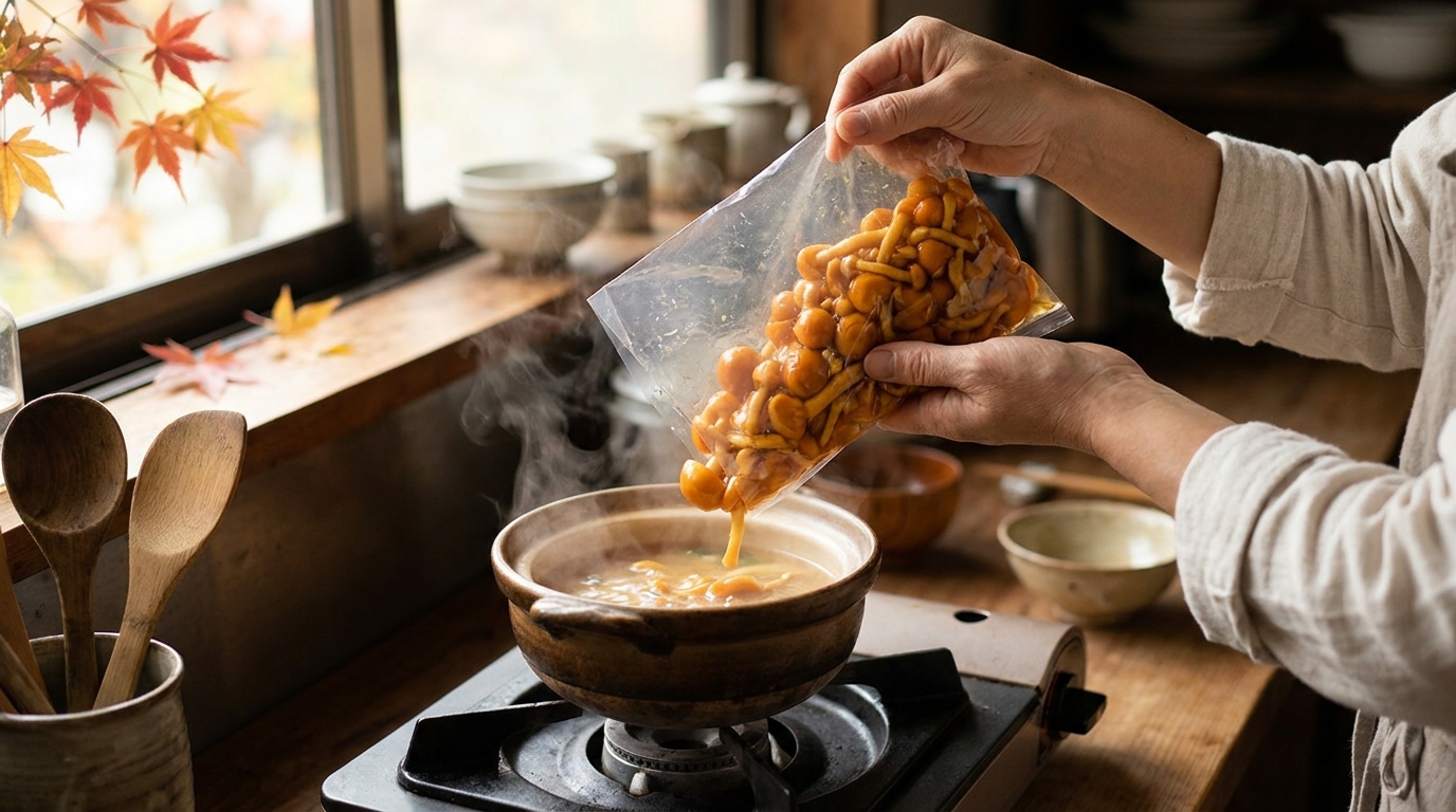 袋から出したなめこを洗わずにそのままみそ汁の鍋に入れているところ