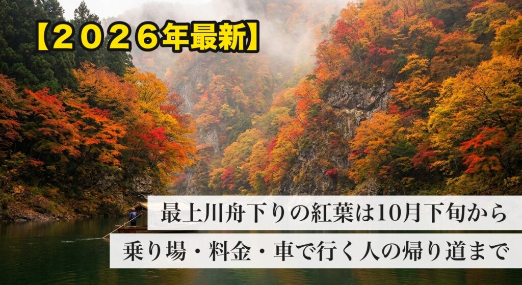 紅葉の渓谷を進む和舟のイメージ。最上川舟下りの紅葉は10月下旬から