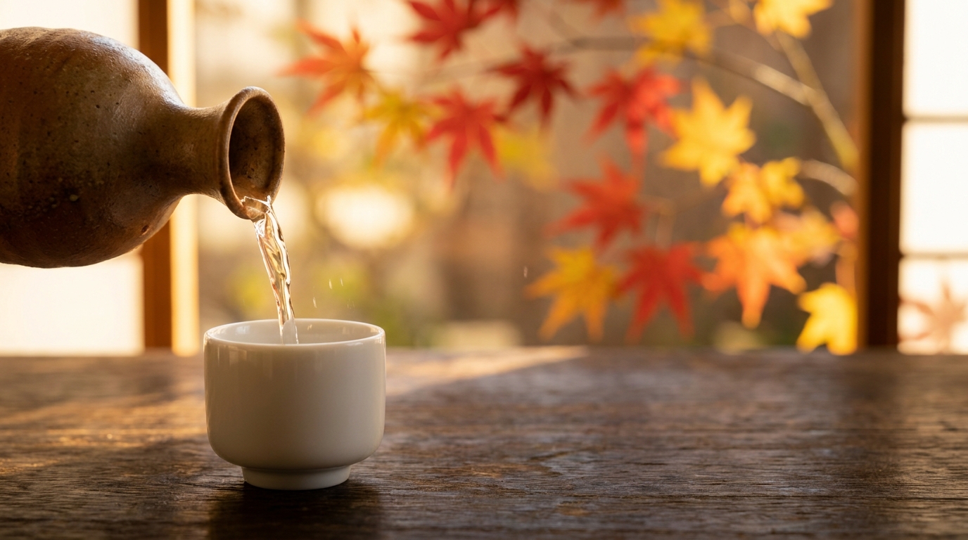紅葉を背にお猪口へ注がれる秋の日本酒
