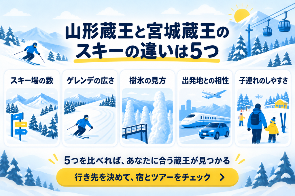 山形蔵王と宮城蔵王のスキーの違い5つ(スキー場の数・ゲレンデの広さ・樹氷の見方・出発地との相性・子連れのしやすさ)