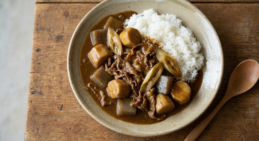 芋煮の残りで作った芋煮カレー 里芋と牛肉とこんにゃくのカレーライス