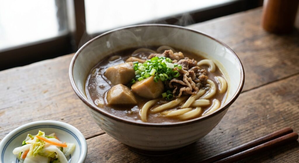 芋煮の汁で作った芋煮カレーうどん 里芋と牛肉と青ねぎ