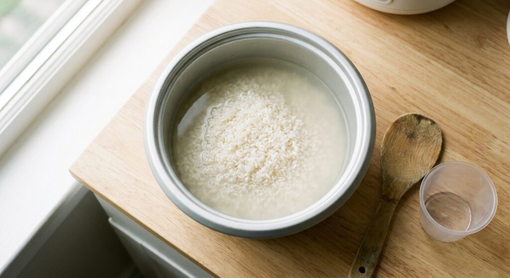 炊飯器の内釜で浸水させている研いだ白米と計量カップ