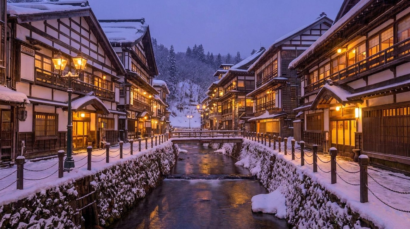 雪が積もった夕暮れの温泉街とガス灯（イメージ）