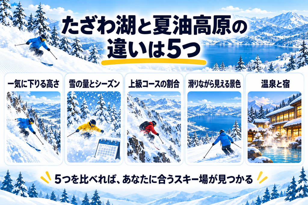 たざわ湖と夏油高原の比較結果。田沢湖の景色と温泉宿ならたざわ湖、雪の量と長いスキーシーズンなら夏油高原