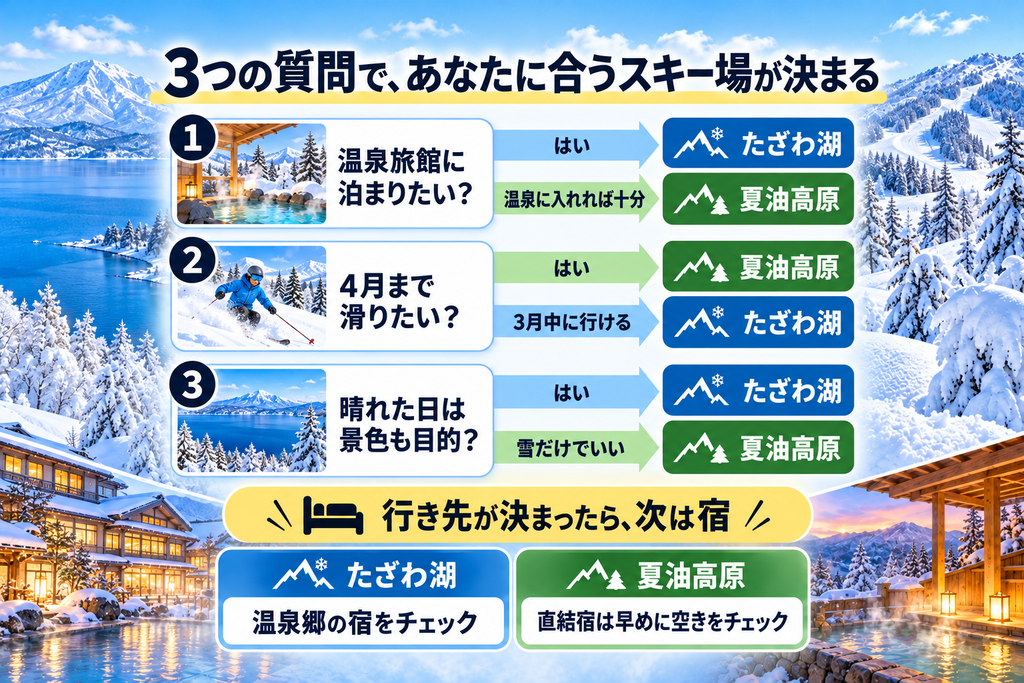 温泉旅館に泊まりたいか、4月まで滑りたいか、晴れた日の景色も重視するかの3つの質問で、たざわ湖と夏油高原のどちらが合うかを診断