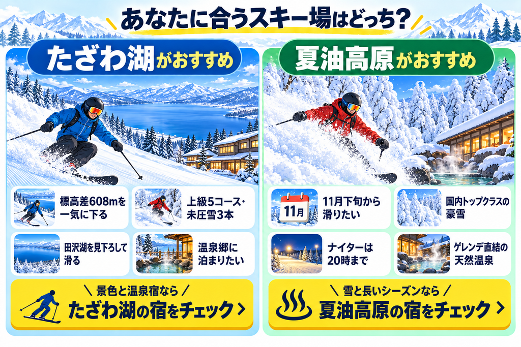 田沢湖の景色や標高差、温泉宿を楽しみたい人にはたざわ湖、豪雪や長いシーズン、ナイター、直結温泉を重視する人には夏油高原がおすすめ
