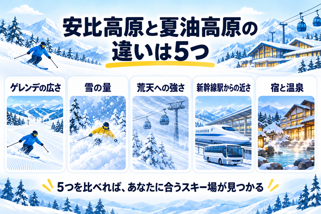 安比高原と夏油高原を、ゲレンデの広さ、雪の量、荒天への強さ、新幹線駅からの近さ、宿と温泉の5項目で比較